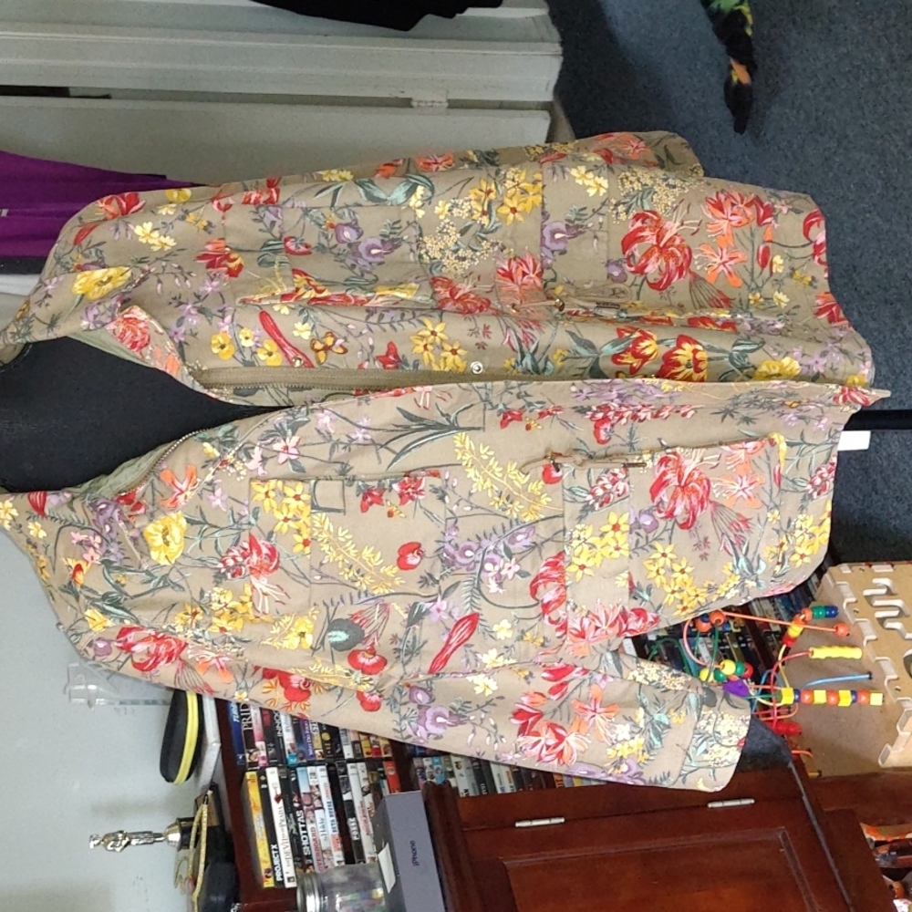 H&M Floral Quilted Jacket in Tan with Red, Yellow & Purple Accents